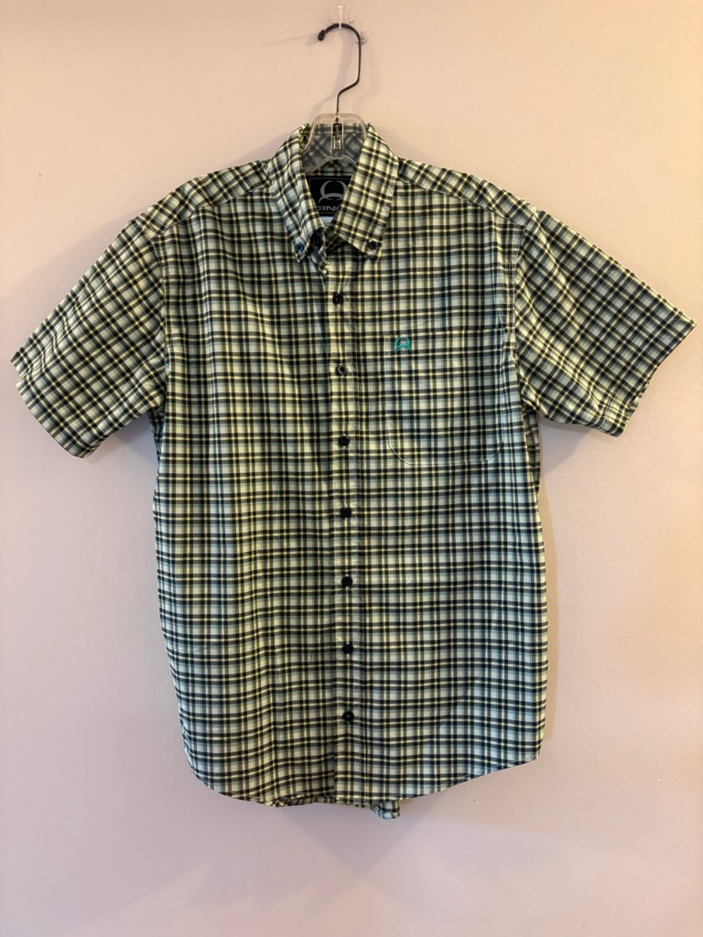 Cinch Men's Green Plaid Short-Sleeve Button-Down Shirt, Sz XS, fits bigger.